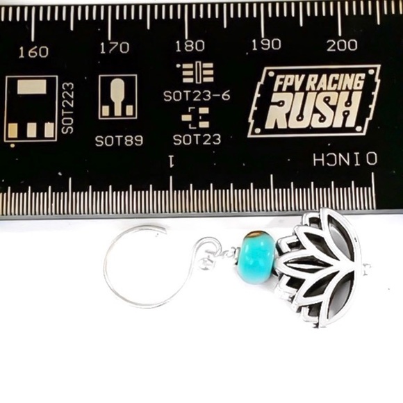 925 Sterling Silver Genuine Turquoise Siderolite Lotus Flower Dangle Earrings - Picture 3 of 4